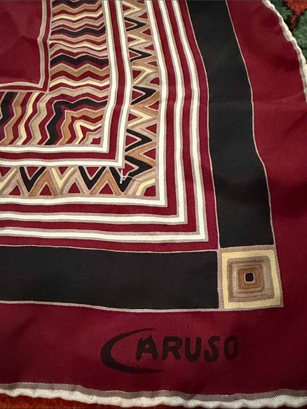 Vintage Caruso Silk Scarf in Burgundy, Black & Gold Trim - Picture 6 of 6